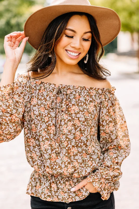 Open To Love Mocha Brown Ditsy Floral Blouse