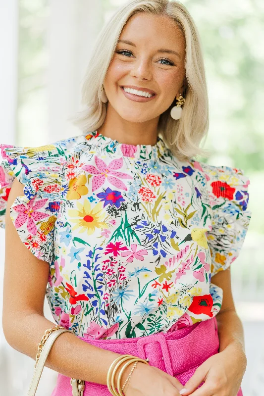 Make My Day White Ditsy Floral Ruffled Top