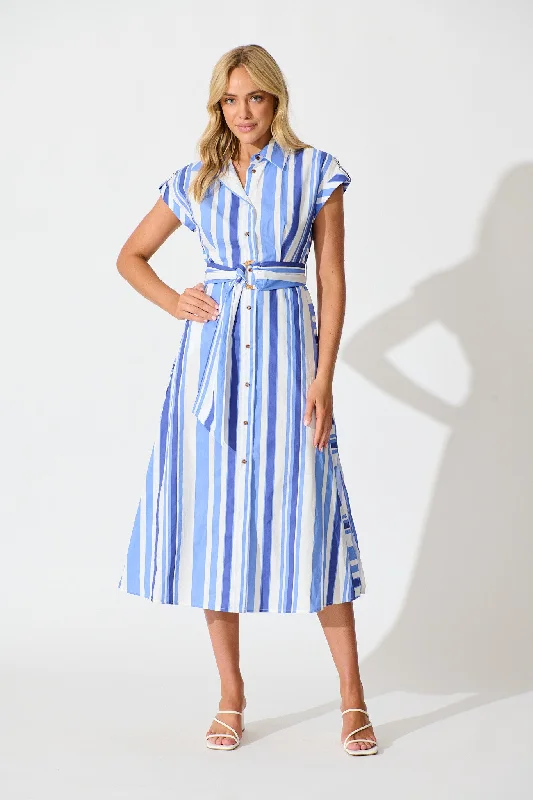 Olvera Midi Shirt Dress in Blue Stripe Cotton