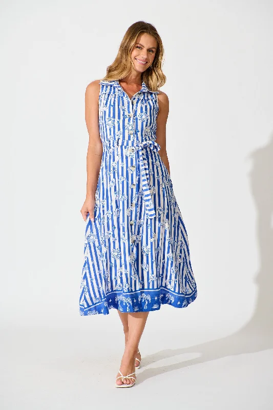 Eden Midi Shirt Dress in Blue and White Stripe Print