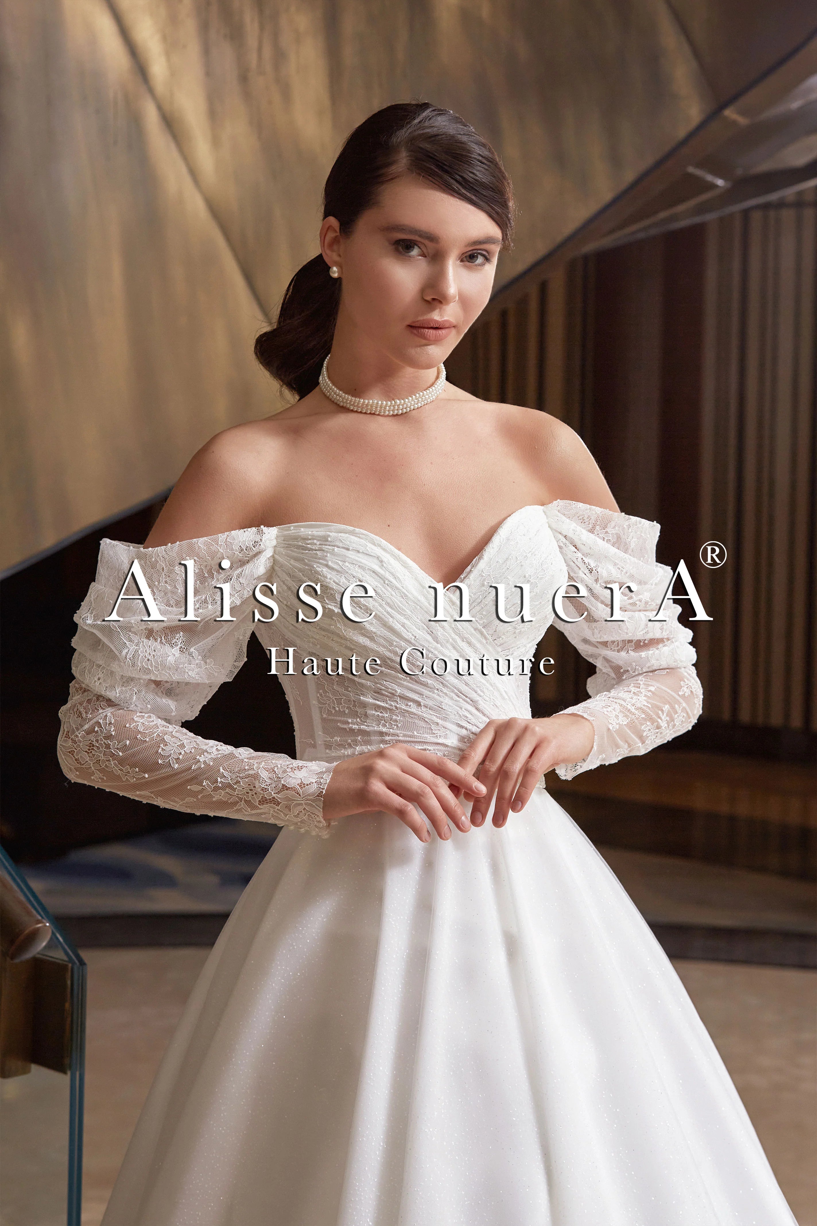 Romantic Off Shoulder Drape Sleeve Surplice Bridal Gown with Sparkling Stone Belt