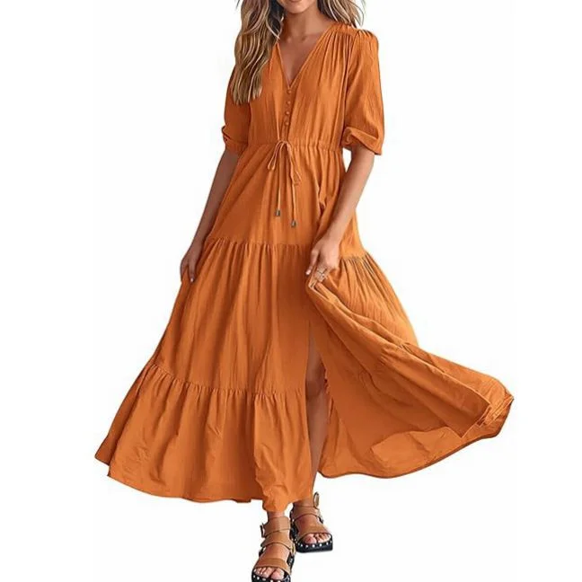 V-Neck Button Drawstring Hem Short Sleeve Dresses Wholesale Womens Clothing N3824070900019