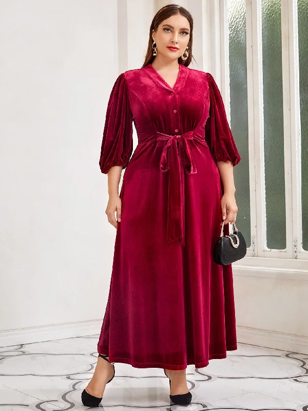 Elegant Plain Button Front Three Quarter Length Sleeve V Neck Flared High Waist Maxi Plus Size Dress