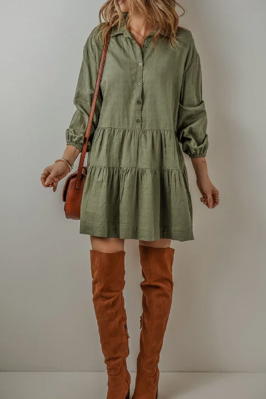 Tiered Collared Neck Balloon Sleeve Shirt Dress | Casual Dresses | Winter Dresses