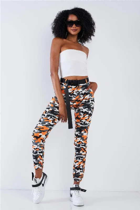 Orange Camo High Waisted Belted Cargo Pants