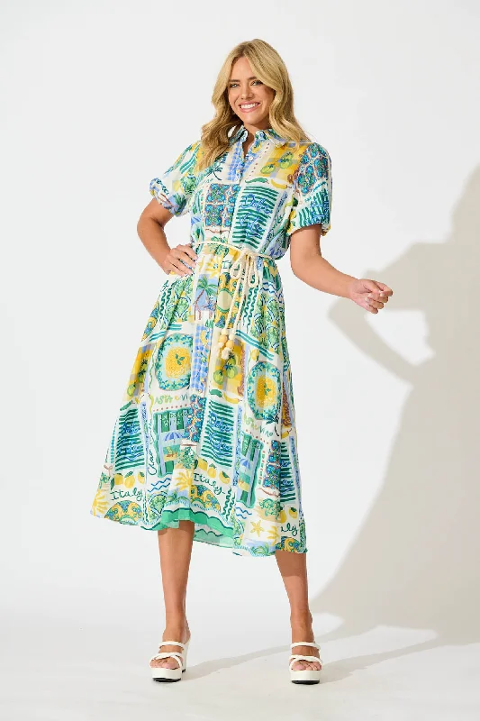 Dearest Midi Shirt Dress In Green Multi Border Print