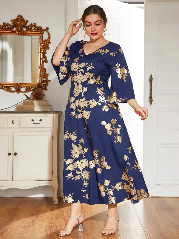 Elegant Floral Three Quarter Length Sleeve V Neck Flared High Waist Maxi Plus Size Dress