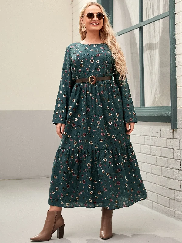 Boho All Over Print Ruffle Hem Long Sleeve Round Neck Flounce High Waist Long Plus Dress