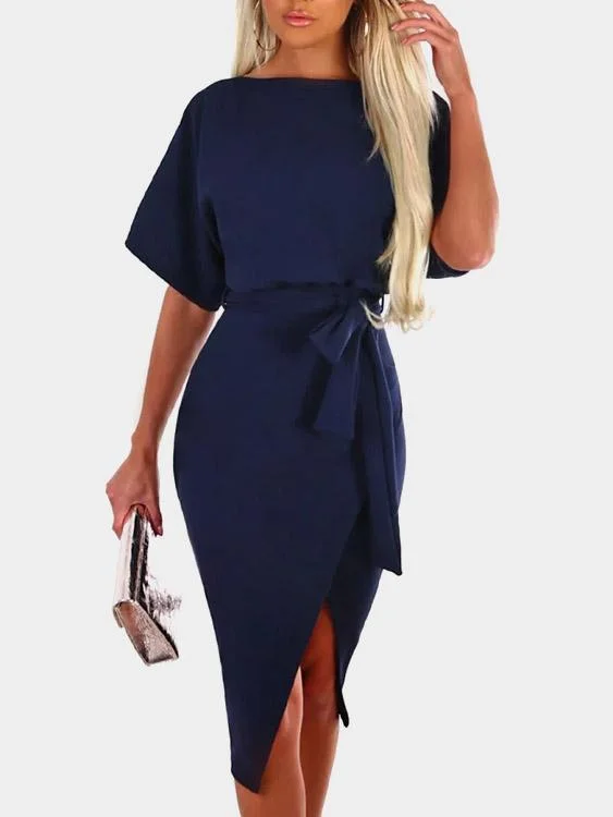 Wholesale Navy Round Neck Short Sleeve Belt Slit Hem Midi Dress