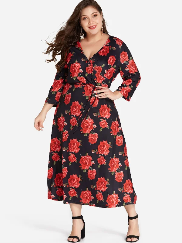 OEM ODM V-Neck Floral Print Self-Tie Wrap 3/4 Sleeve Rose Plus Size Dress