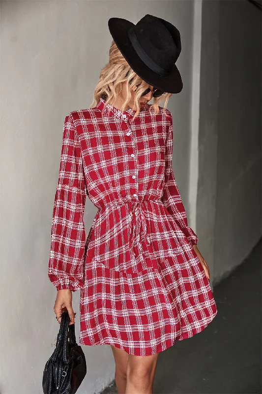 Plaid Band Collar Drawstring Shirt Dress