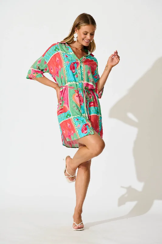 Raya Shirt Dress in Multi with Green Patchwork Print