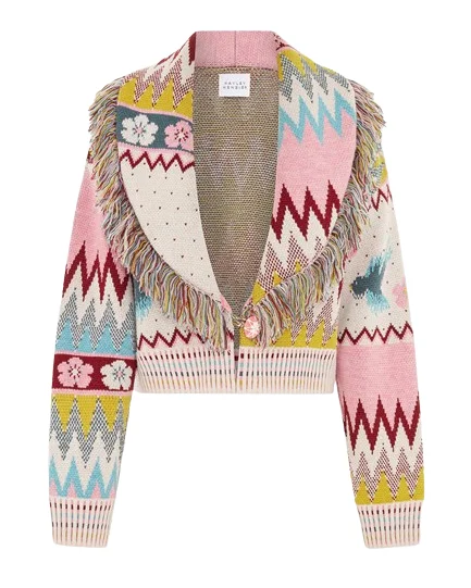 Charming Birds Merino Jacquard Fringe Bomber Cardigan