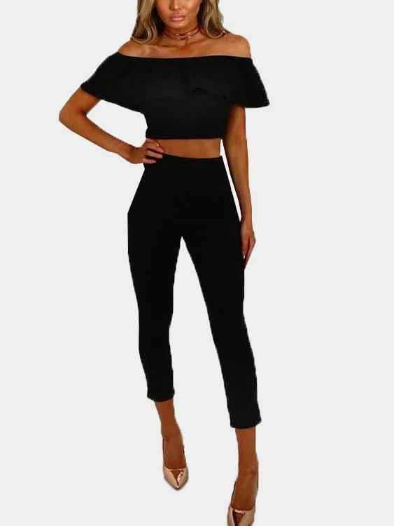 Custom Off The Shoulder Tiered Short Sleeve Black Two Piece Outfits