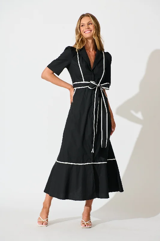 Rhea Maxi Shirt Dress in Black with Contrast Piping Cotton