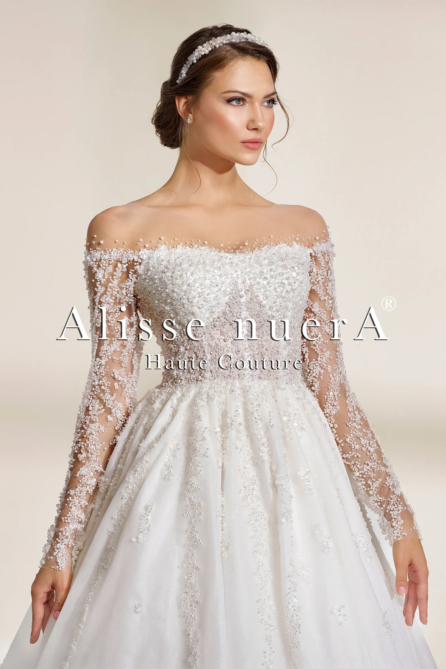 Pearl Embellished Off the Shoulder A Line Lace Wedding Dress with Long Sleeves