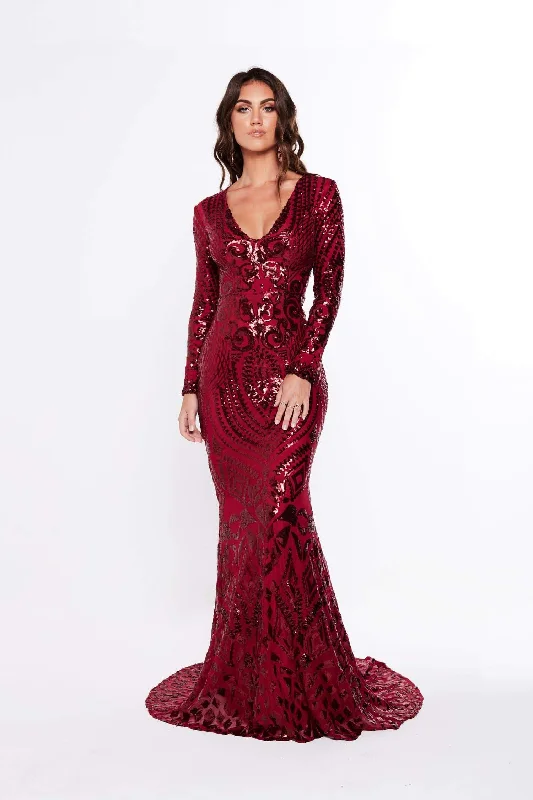 Julieta Sequin Gown - Burgundy