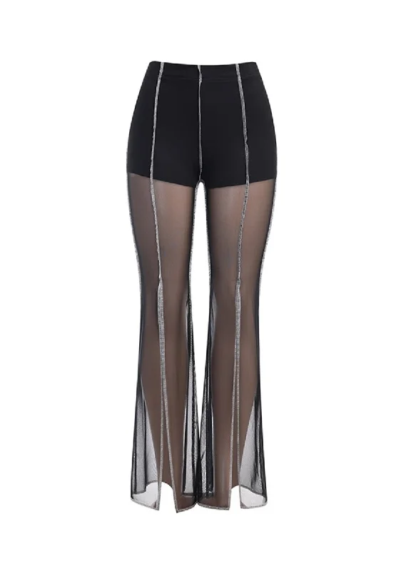 Black Mesh Splicing Perspective Slit Horn Pants