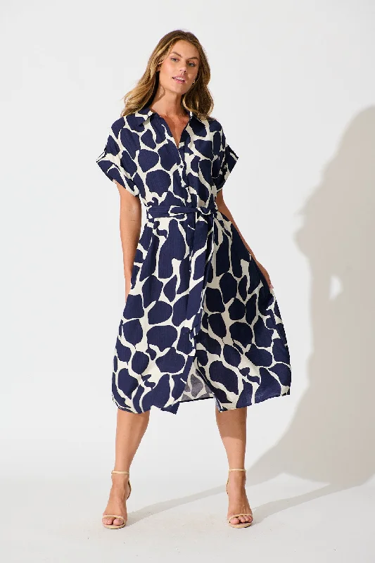 Sweet Talk Midi Shirt Dress in Navy and Cream Print