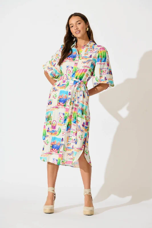 Francy Midi Shirt Dress In White With Bright Resort Print