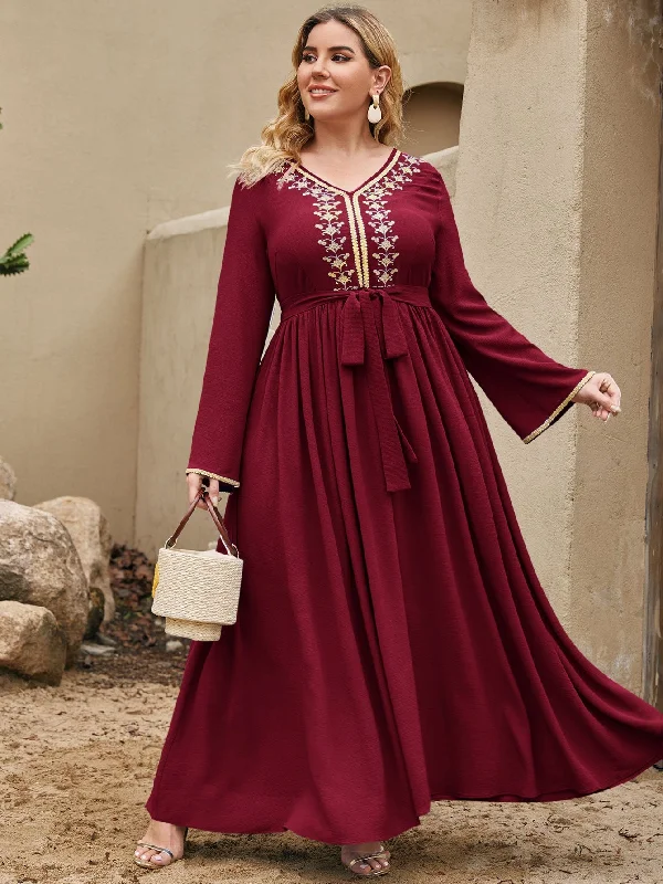 Modest Floral Belted Long Sleeve V Neck Flared High Waist Maxi Plus Size Dress