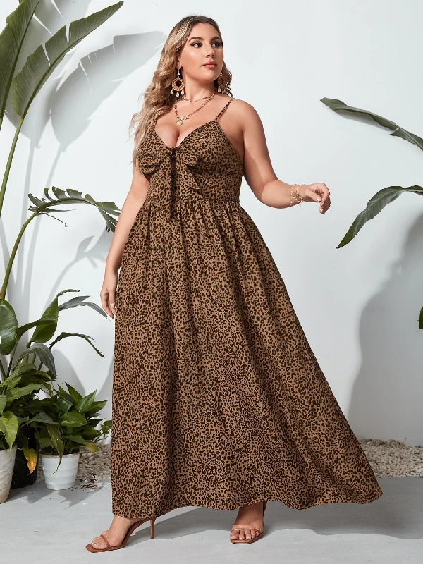 Boho Leopard Tie Front Sleeveless Spaghetti Strap Flared High Waist Maxi Plus Size Dress