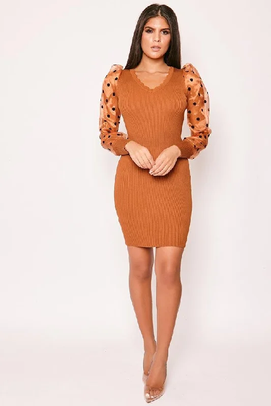 Ryenne - Rust Polka Dot Sheer Sleeve Ribbed Jumper Dress