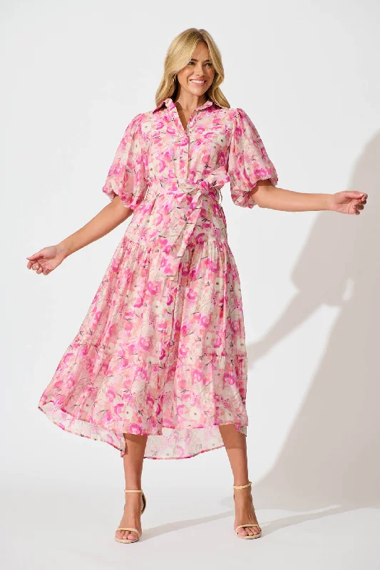 Rosina Maxi Shirt Dress in Pink Multi Floral