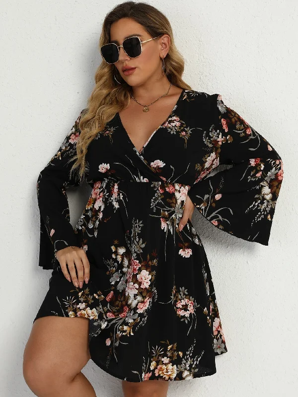 Boho Floral Long Sleeve Deep V-Neck Flared High Waist Short Plus Dress