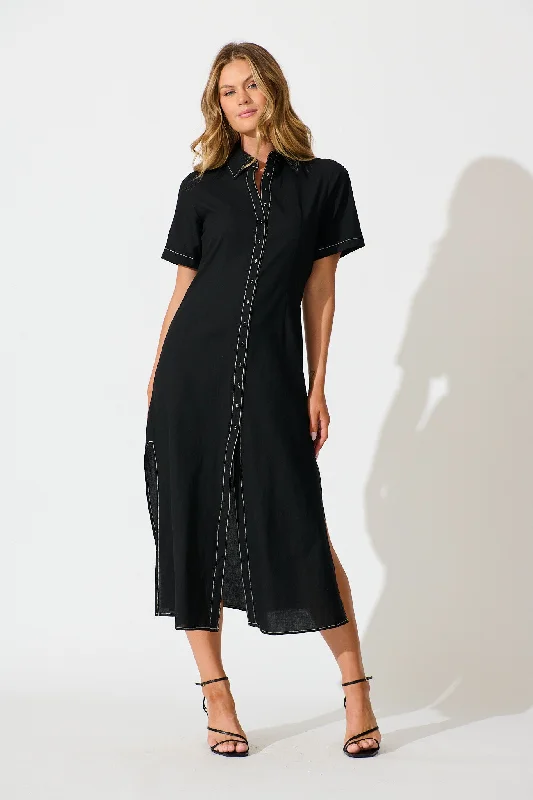 Christiana Maxi Shirt Dress In Black Linen Blend