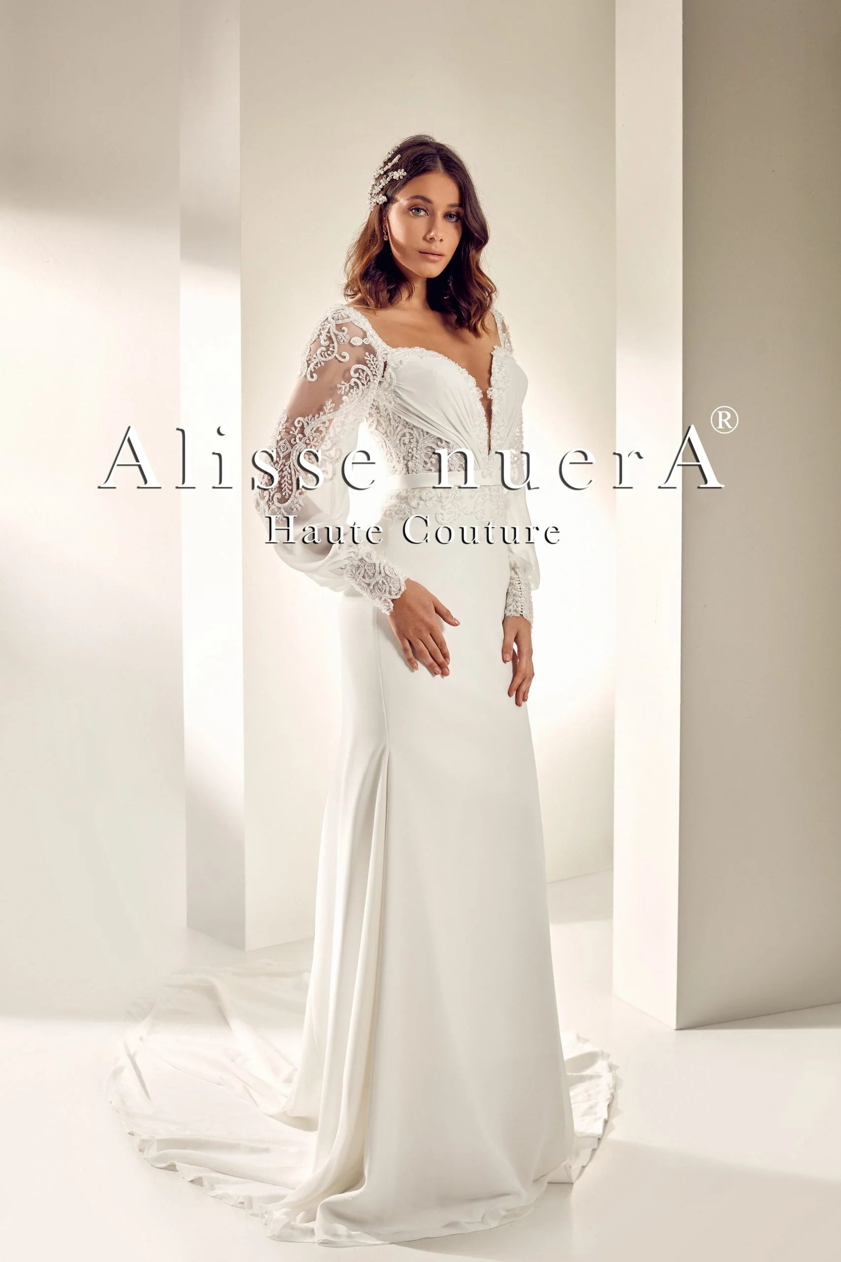 Floral Lace and Chiffon Sleeve V Neck Rustic Sheath Bridal Dress