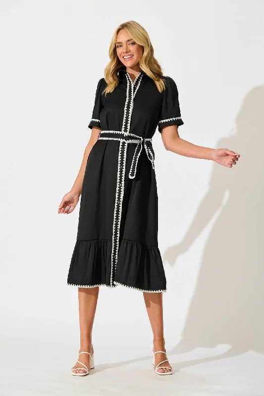 Aurora Midi Shirt Dress In Black With White Contrast Stitch