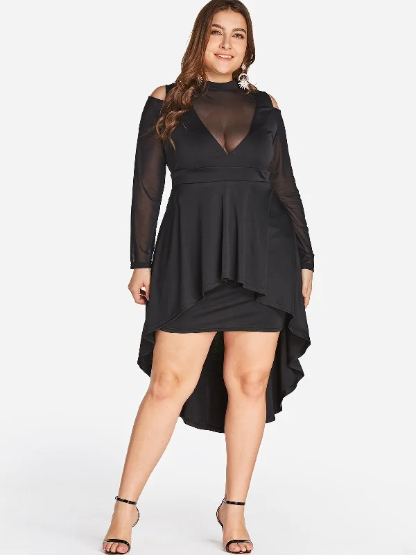 OEM ODM Round Neck Plain Lace Long Sleeve High-Low Hem Black Plus Size Dress