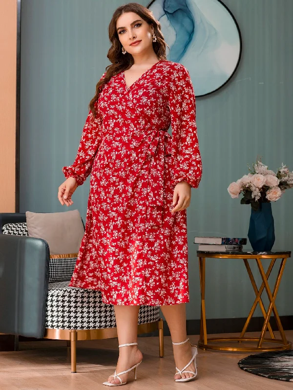 Elegant All Over Print Wrap Long Sleeve V Neck Wrap High Waist Long Plus Size Dress