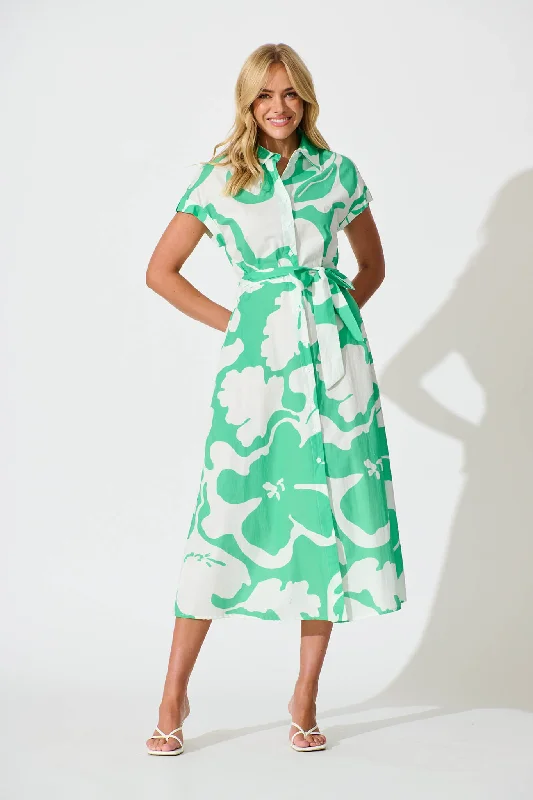 Vino Midi Shirt Dress in Green Print Cotton