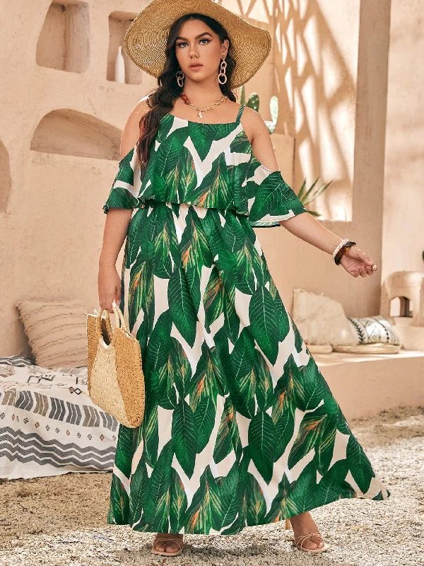 Boho Tropical Ruffle Half Sleeve Cold Shoulder Flared High Waist Maxi Plus Size Dress