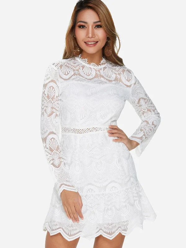 Wholesale Crew Neck Lace Zip Back Hollow Long Sleeve White Sexy Dresses