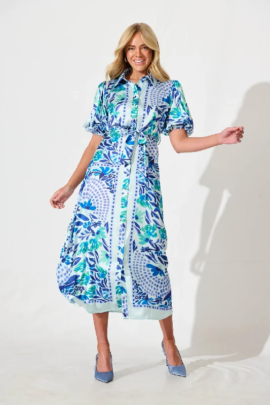 Gabriela Maxi Shirt Dress In Aqua with Blue Print Satin