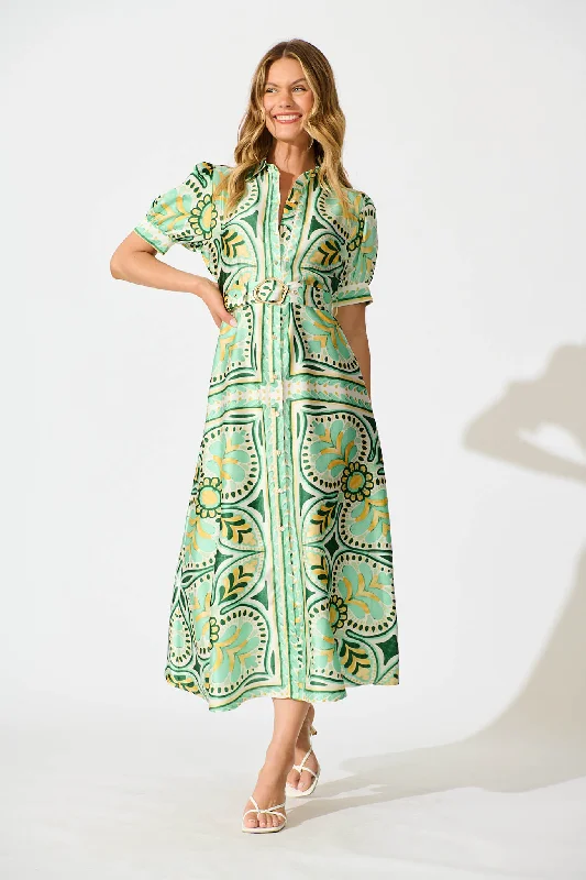 Halswell Maxi Shirt Dress In Green And Yellow Tile Print