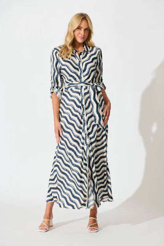 Tia Maxi Shirt Dress in Navy Swirl Print