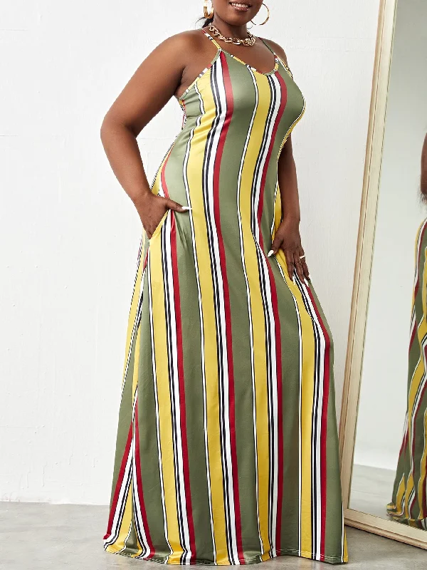 Casual Striped Pocket Sleeveless Spaghetti Strap Straight Natural Maxi Plus Size Dress