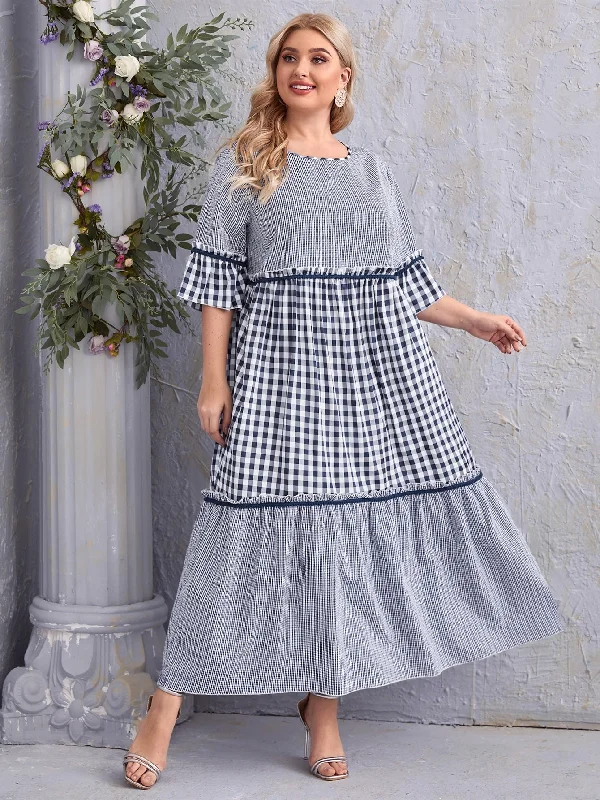 Modest Gingham Ruffle Three Quarter Length Sleeve Round Neck Flounce High Waist Maxi Plus Size Dress