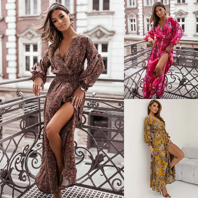 Printed V-neck Sexy Slit Long Sleeve Maxi Dresses Wholesale Womens Clothing N3824080300073