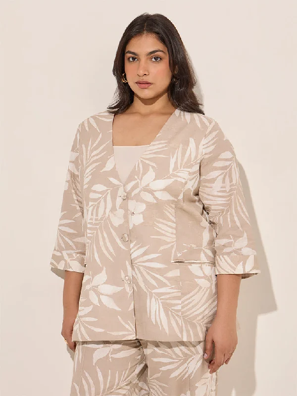 Gia Beige Botanical Print Cotton-Blend Jacket