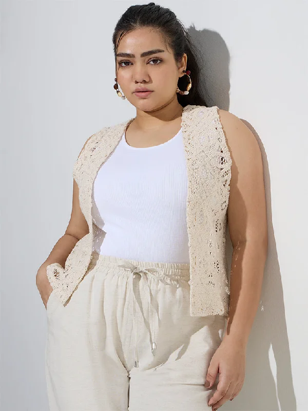 Gia Beige Crochet Design Cotton-Blend Shrug