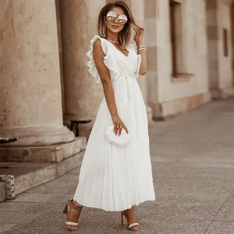 Beach Maxi Dress Fashion Slim Sexy Lotus Sleeve Chiffon Pleated Solid Color Dress Wholesale Womens Clothing N3824110900054