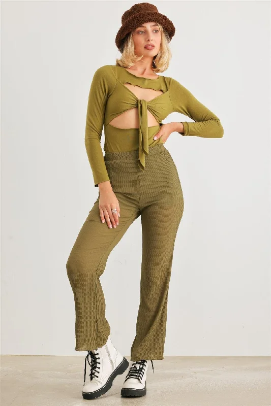 Light Olive Plisse High Waist Lettuce Hem Pants /1-2-2-1