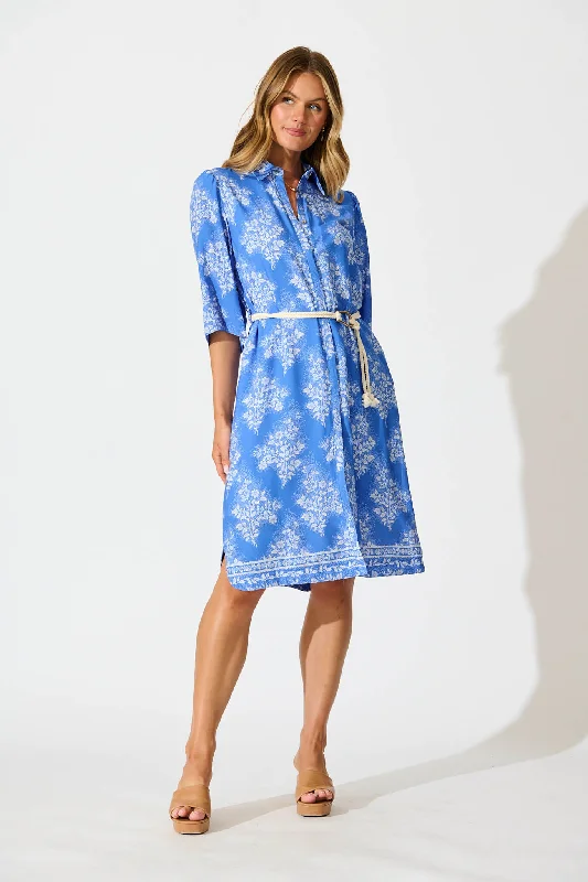 Watsonia Midi Shirt Dress In Blue with White Floral