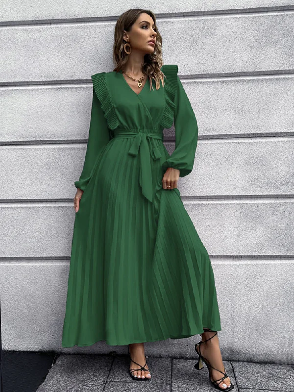 V-Neck Swing Pleated Maxi Dresses Wholesale Womens Clothing N3824062100033