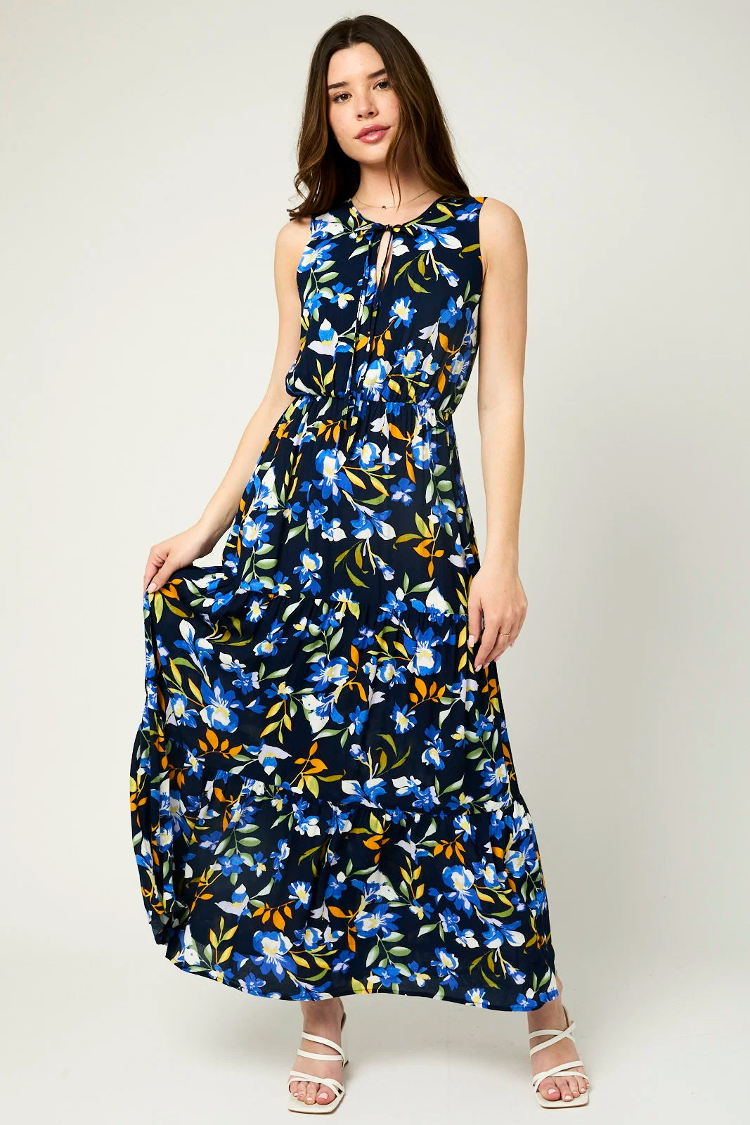 Floral Sleeveless Front Self Tie Maxi Dress